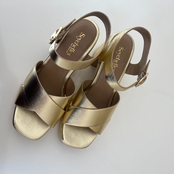 Seychelles - Gold Leather Platform Block Heel Sandals - Size 8 Women's NEW - Picture 4 of 9